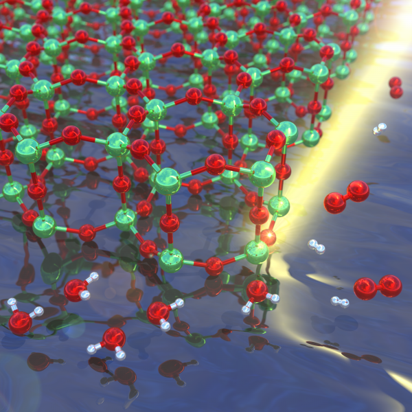 The image shows the two-dimensional TiO2 structure with its hexagonal lattice in the top left with the incident photons represented by a beam of light. As water molecules enter from the bottom left, they dissociate into their constituents, O2 and H2.